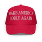 Red trucker hat from Make America Godly featuring embroidered foam truckers design