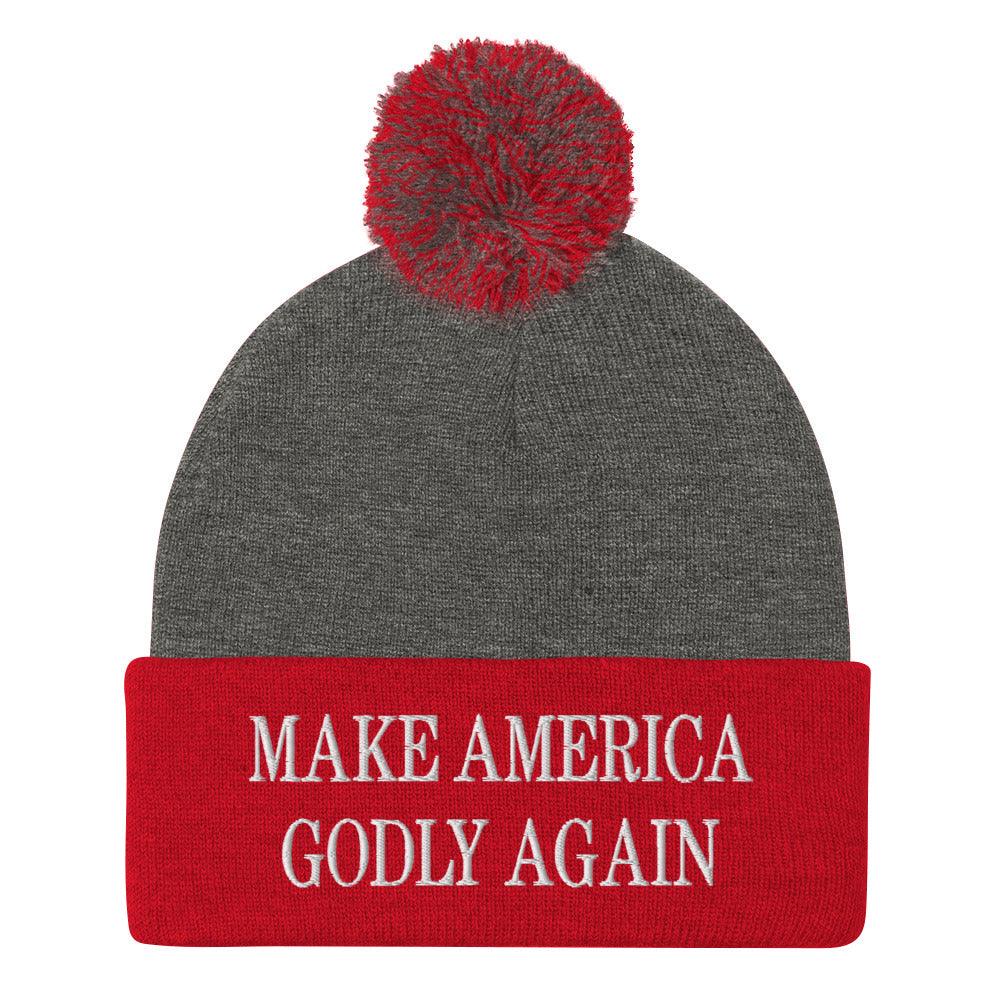 Make America Godly Again Embroidered Knit Pom Beanie - Dark Heather Grey/ Red