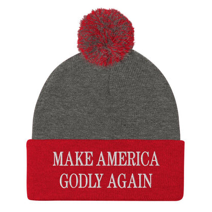 Make America Godly Again Embroidered Knit Pom Beanie - Dark Heather Grey/ Red