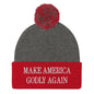 Make America Godly Again Embroidered Knit Pom Beanie - Dark Heather Grey/ Red