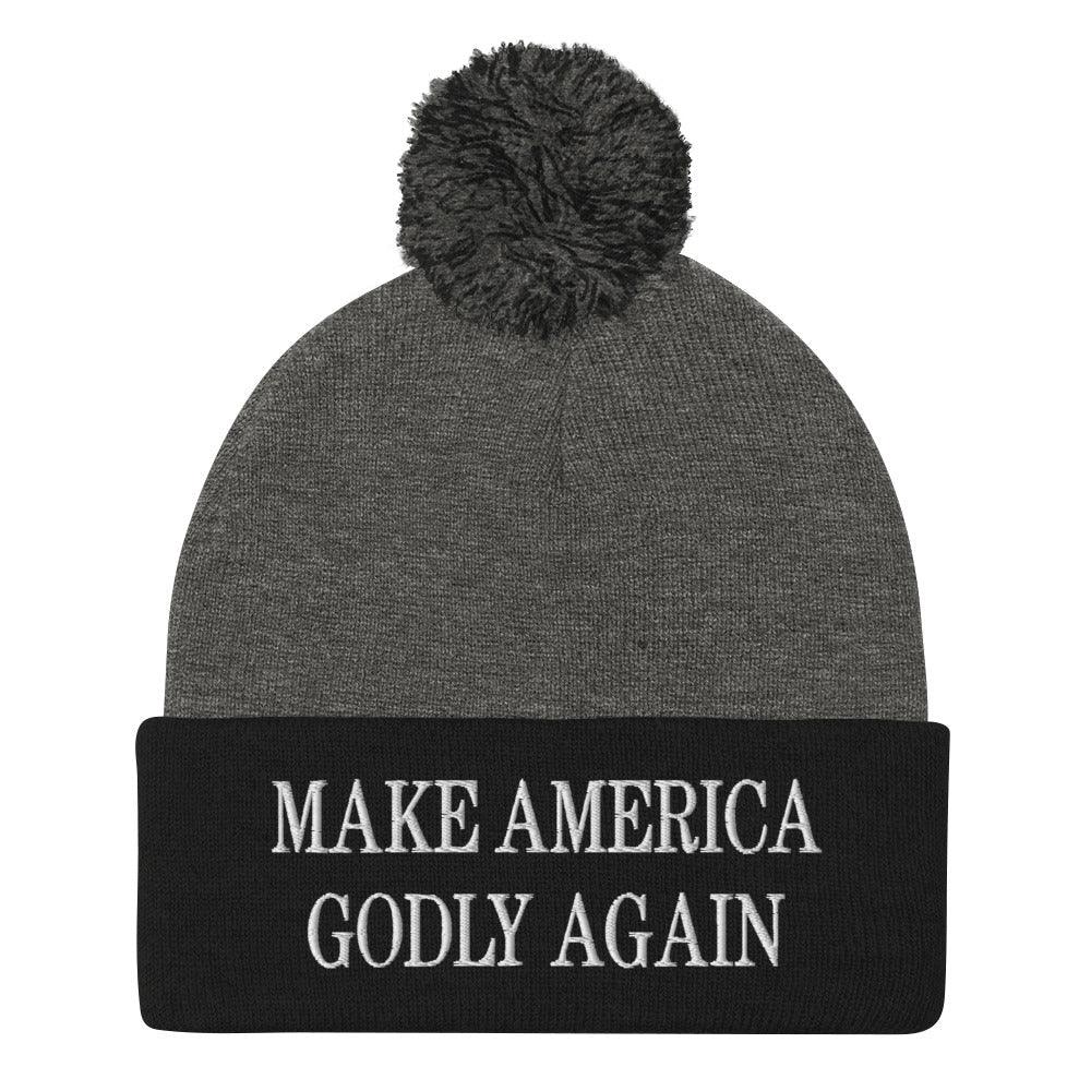 Make America Godly Again Embroidered Knit Pom Beanie - Dark Heather Grey/ Black