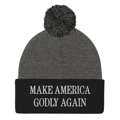 Make America Godly Again Embroidered Knit Pom Beanie - Dark Heather Grey/ Black