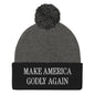 Make America Godly Again Embroidered Knit Pom Beanie - Dark Heather Grey/ Black