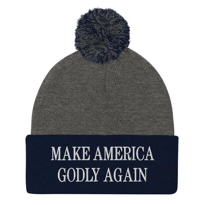 Make America Godly Again Embroidered Knit Pom Beanie - Dark Heather Grey/ Navy