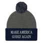 Make America Godly Again Embroidered Knit Pom Beanie - Dark Heather Grey/ Navy