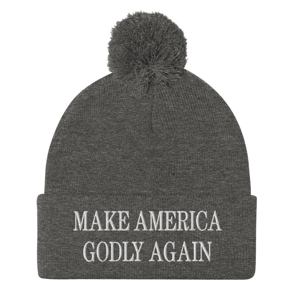 Make America Godly Again Embroidered Knit Pom Beanie - Dark Heather Grey