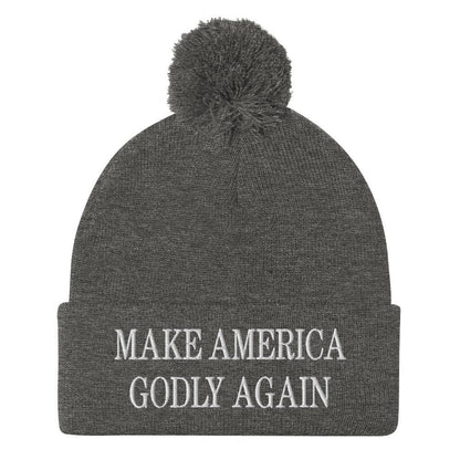 Make America Godly Again Embroidered Knit Pom Beanie - Dark Heather Grey