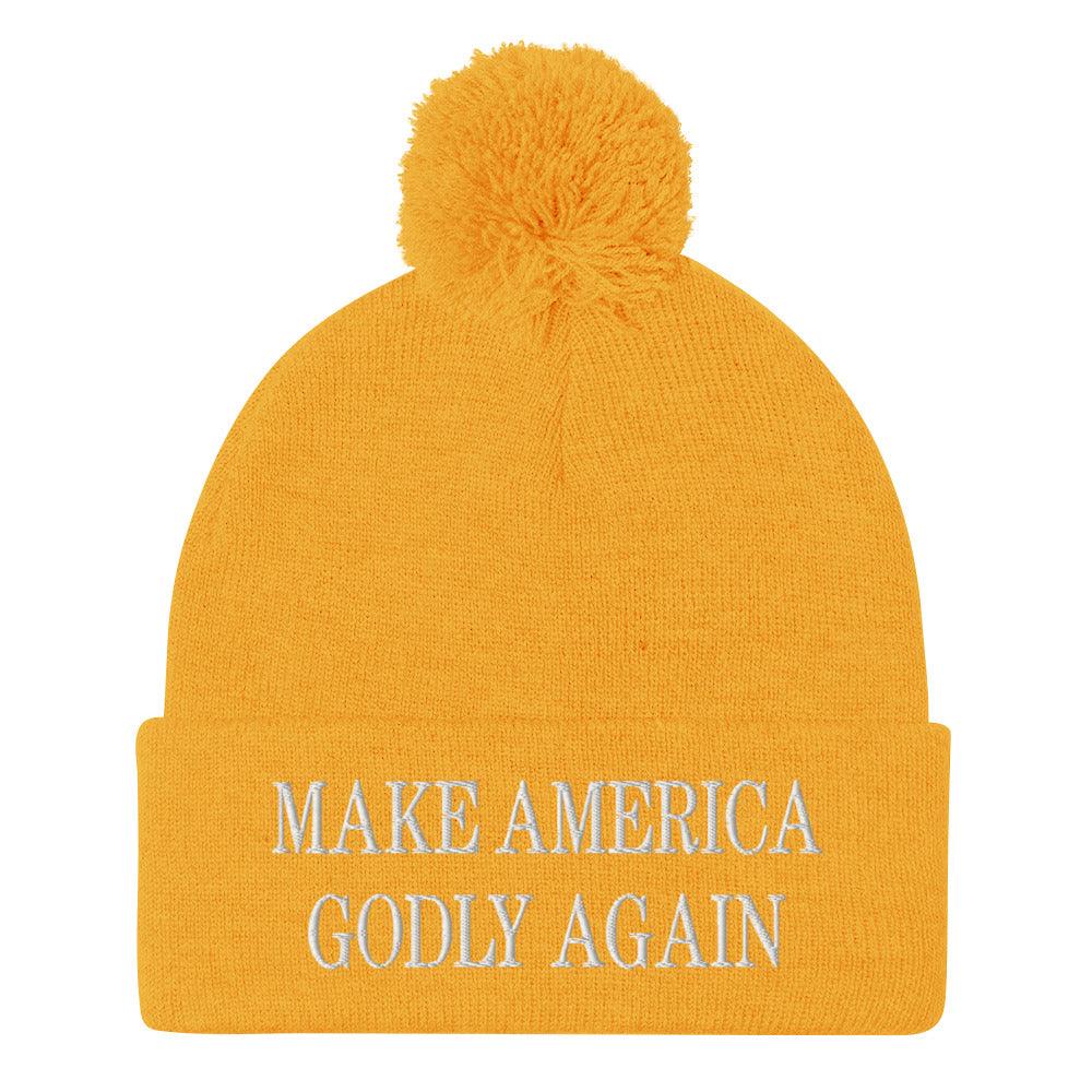 Make America Godly Again Embroidered Knit Pom Beanie - Gold