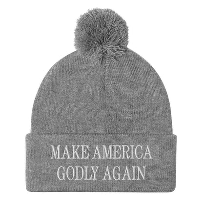 Make America Godly Again Embroidered Knit Pom Beanie - Heather Grey