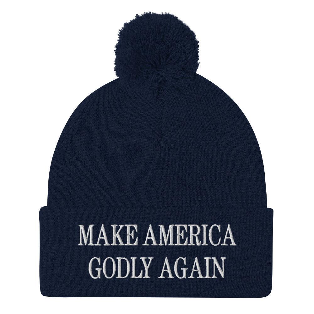 Make America Godly Again Embroidered Knit Pom Beanie - Navy