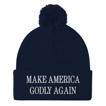 Make America Godly Again Embroidered Knit Pom Beanie - Navy