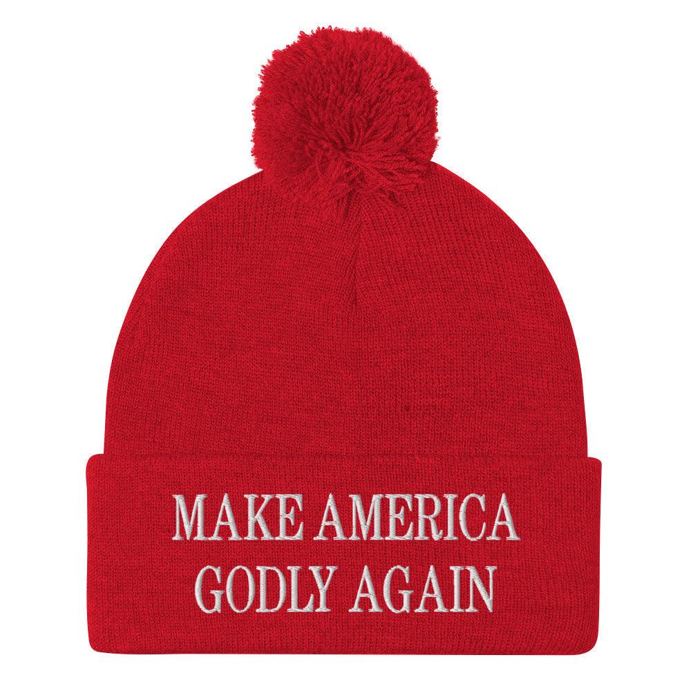 Make America Godly Again Embroidered Knit Pom Beanie - Red
