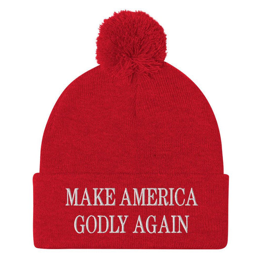 Make America Godly Again Embroidered Knit Pom Beanie - Red