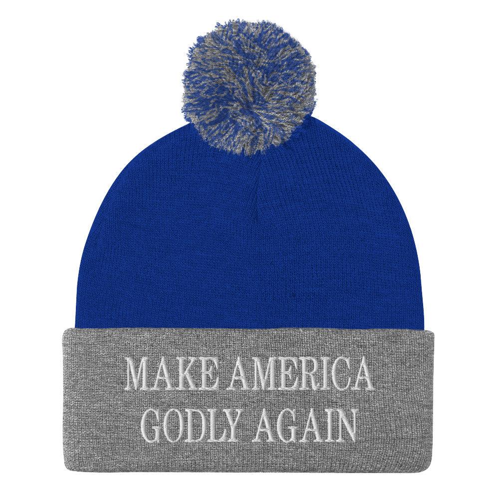 Make America Godly Again Embroidered Knit Pom Beanie - Royal/ Heather Grey