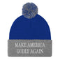 Make America Godly Again Embroidered Knit Pom Beanie - Royal/ Heather Grey