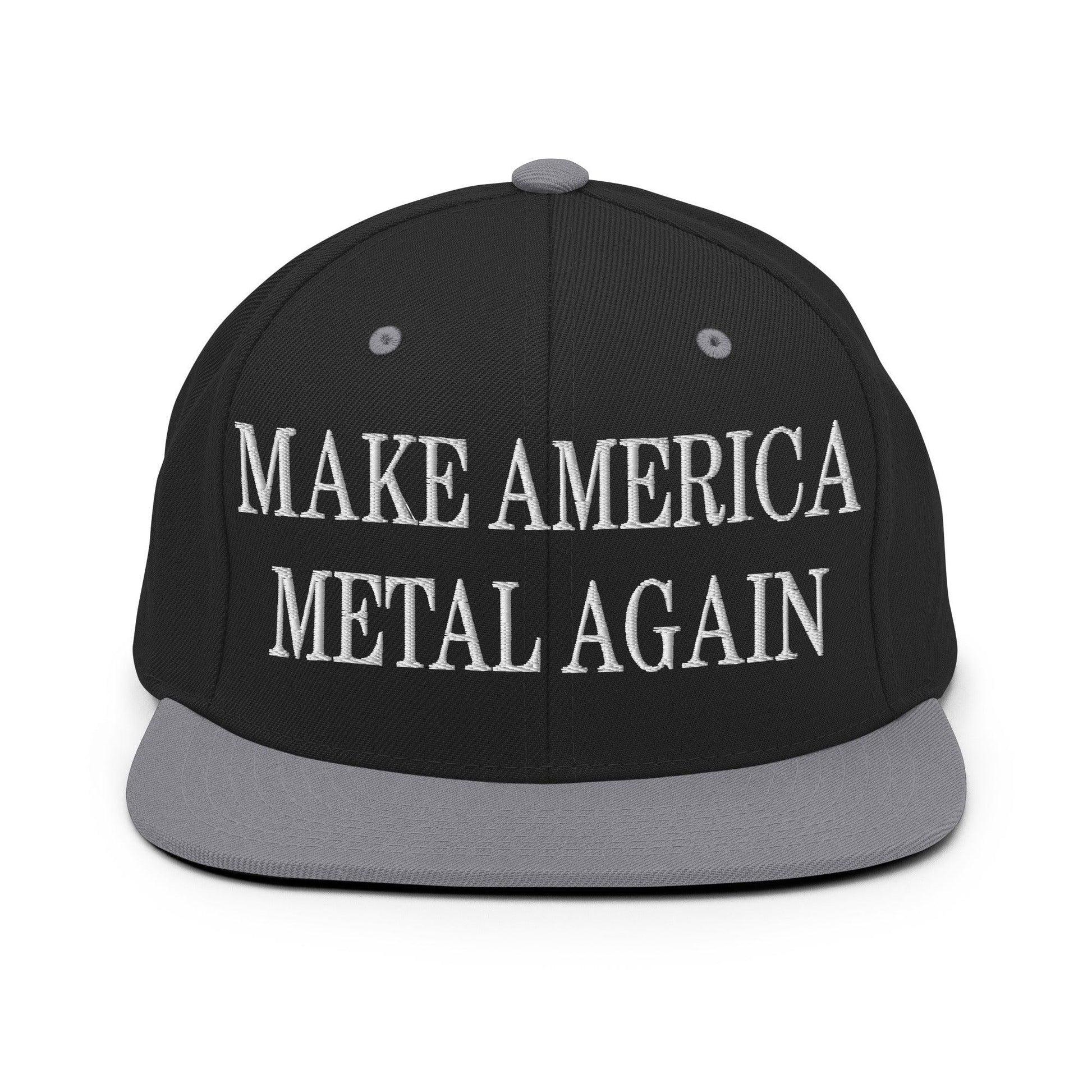 Make America Metal Again Embroidered Flat Bill Brim Snapback Hat - Black/ Silver