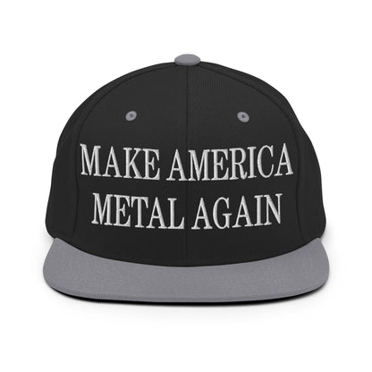 Make America Metal Again Embroidered Flat Bill Brim Snapback Hat - Black/ Silver