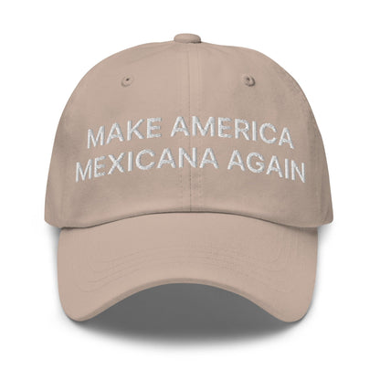 Tan baseball cap featuring Make America Mexicana and Claudia Sheinbaum embroidered design