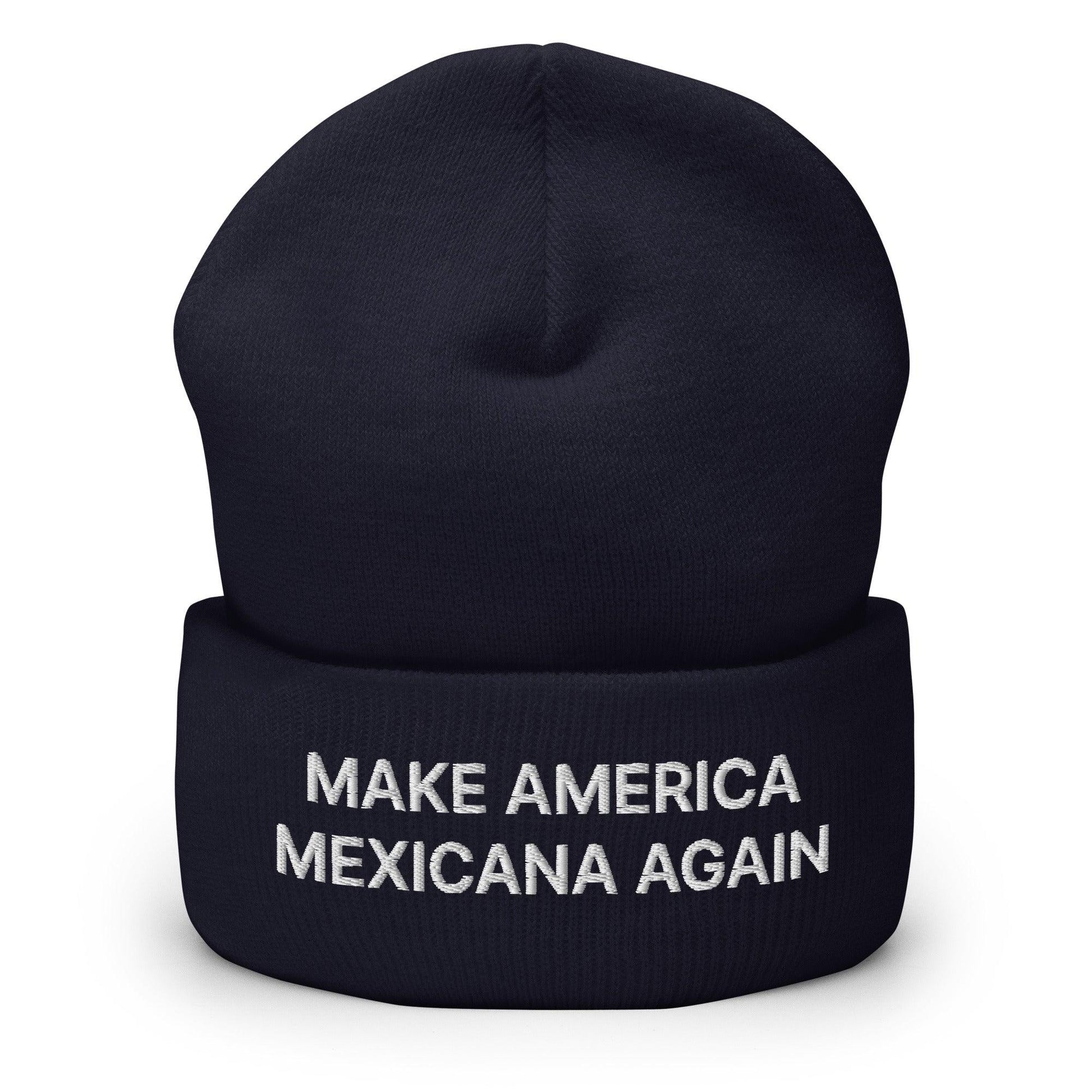 Navy beanie with sheinbaum embroidered cuffed text from Make America Mexicana collection