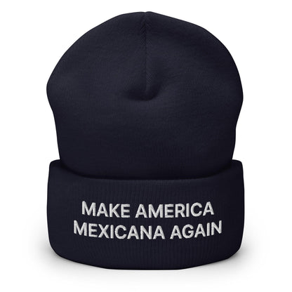 Navy beanie with sheinbaum embroidered cuffed text from Make America Mexicana collection