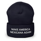 Navy beanie with sheinbaum embroidered cuffed text from Make America Mexicana collection