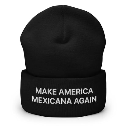 Black beanie with Claudia Sheinbaum embroidered cuffed text for Make America Mexicana style