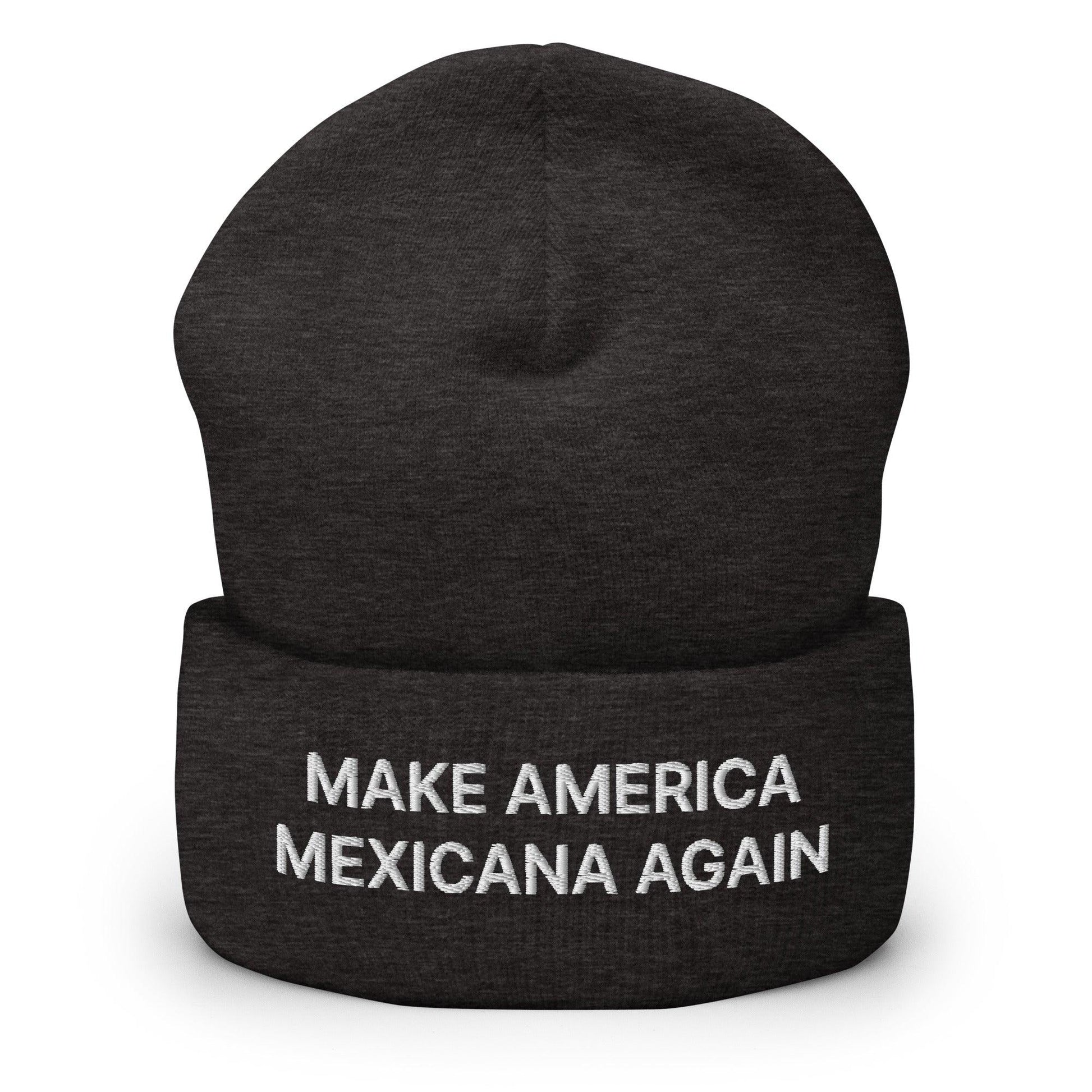 Dark beanie with Claudia Sheinbaum embroidered text in Make America Mexicana style