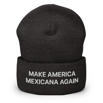 Dark beanie with Claudia Sheinbaum embroidered text in Make America Mexicana style