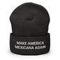 Dark beanie with Claudia Sheinbaum embroidered text in Make America Mexicana style
