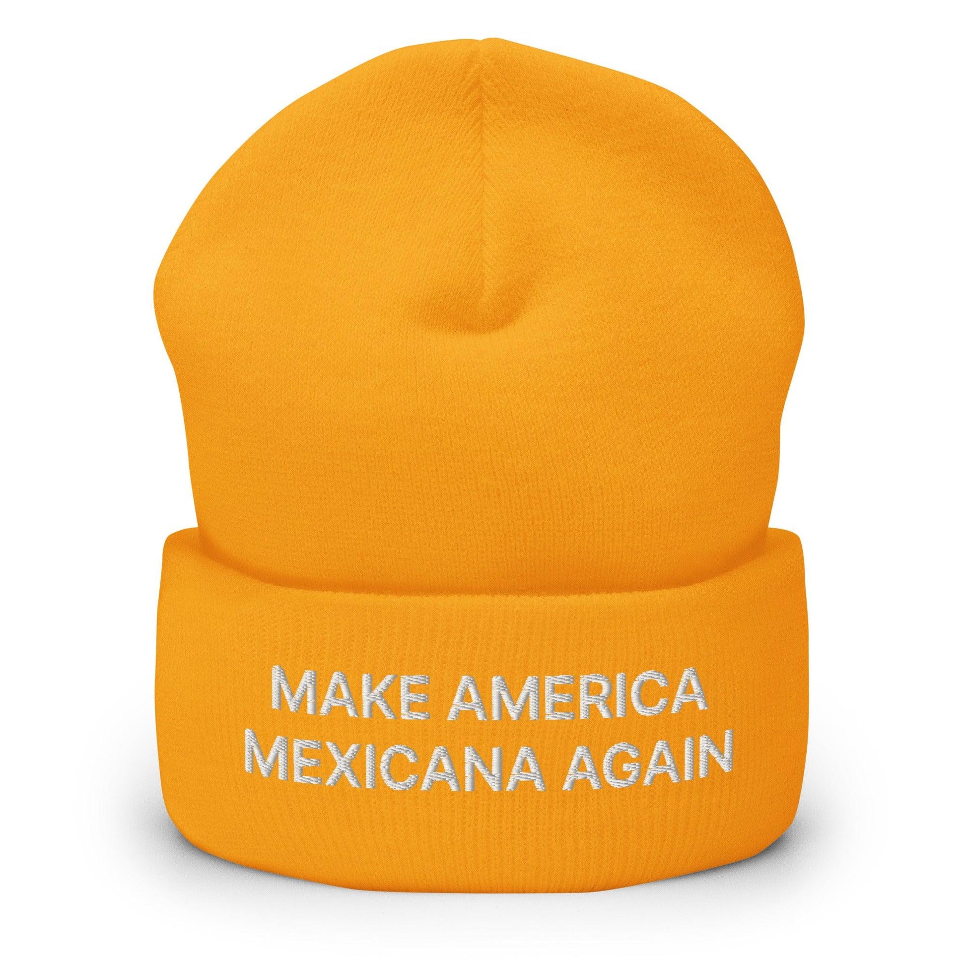 Orange beanie with Claudia Sheinbaum embroidered cuffed text for Make America Mexicana style