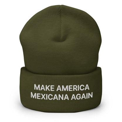Olive green beanie with Claudia Sheinbaum embroidered cuffed design for Make America Mexicana