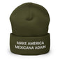 Olive green beanie with Claudia Sheinbaum embroidered cuffed design for Make America Mexicana