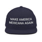 Navy blue flat brim hat with Claudia Sheinbaum embroidered for Make America Mexicana collection