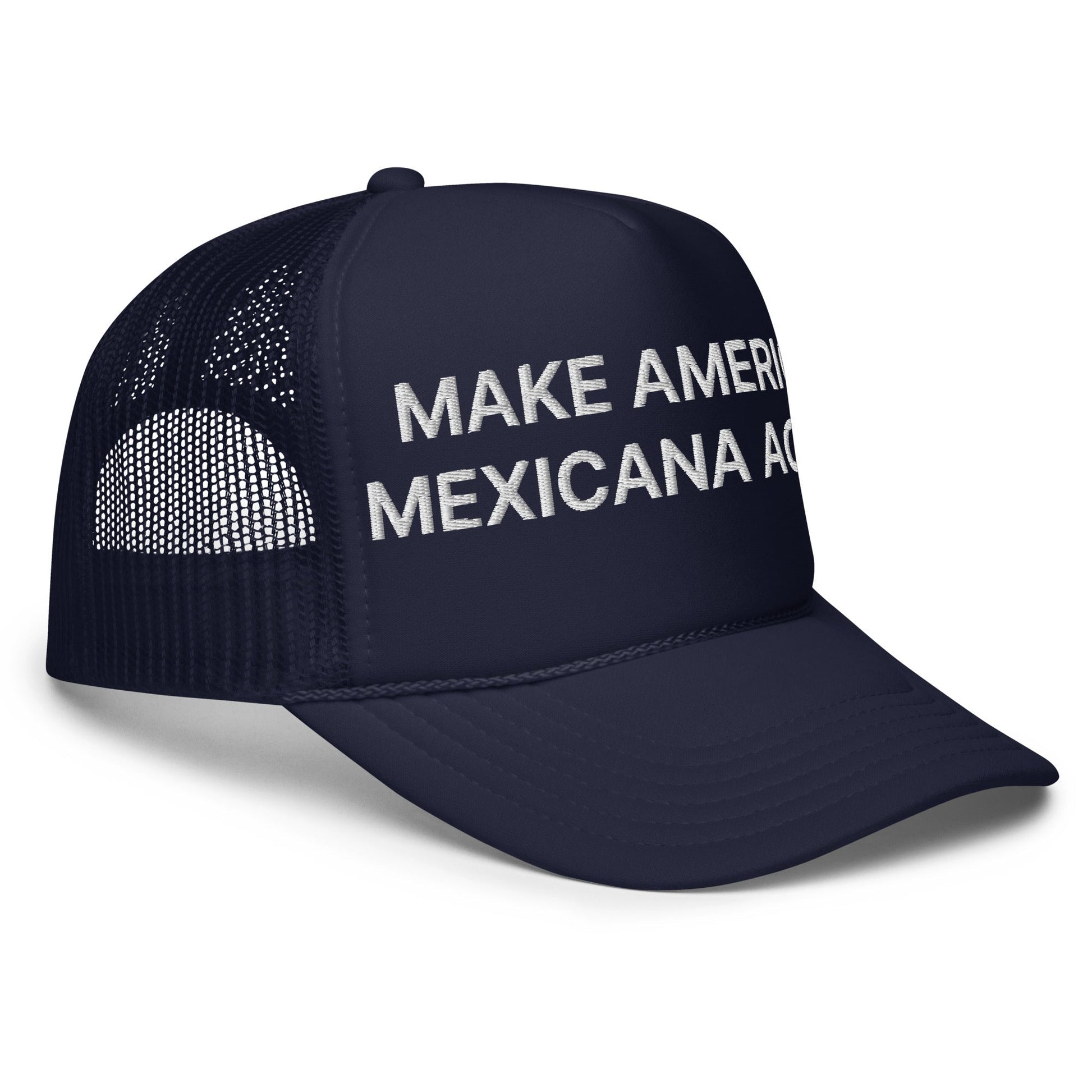 Navy blue Claudia Sheinbaum embroidered foam trucker hat for patriotic fashion display