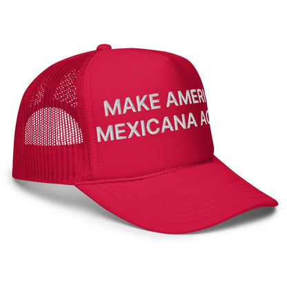 Red trucker hat with Claudia Sheinbaum embroidered foam design for patriotic style