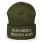 Olive green beanie with Claudia Sheinbaum embroidered knit cuffed design