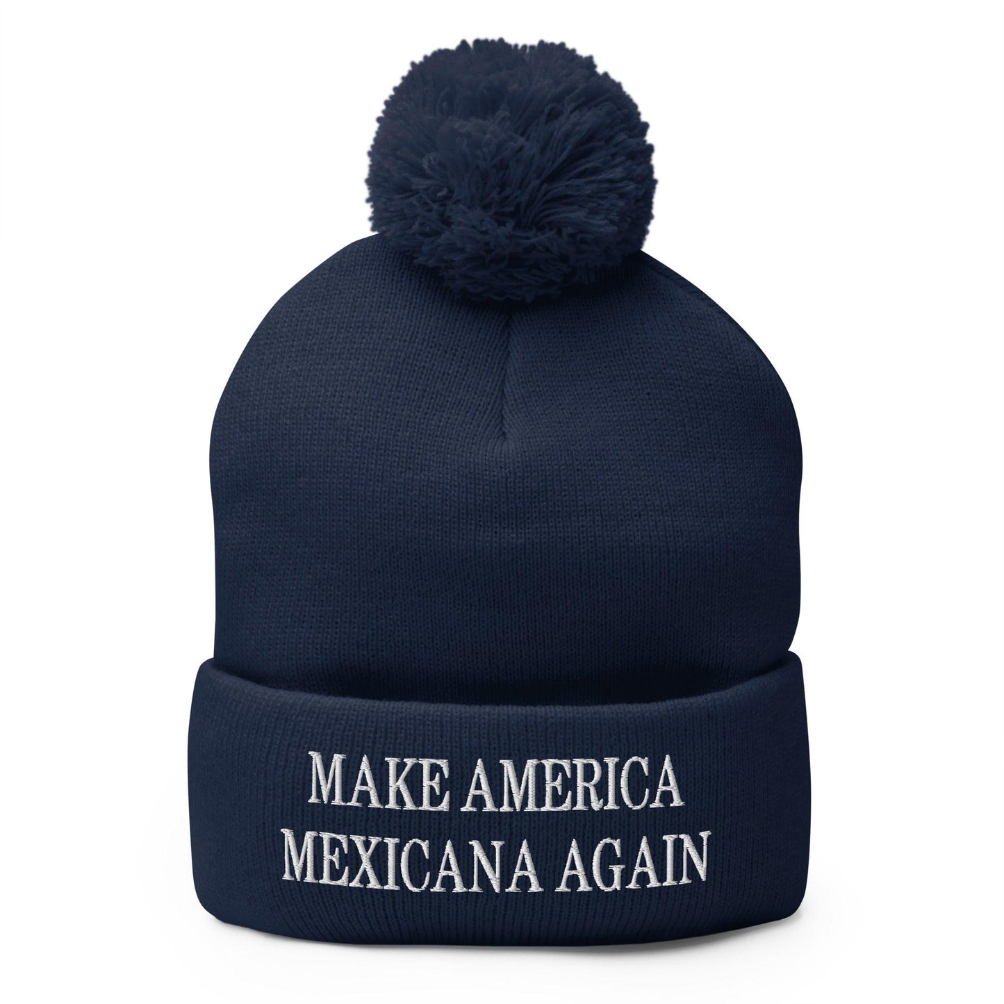 Navy blue beanie with pompom from Make America Mexicana embroidered with Claudia Sheinbaum