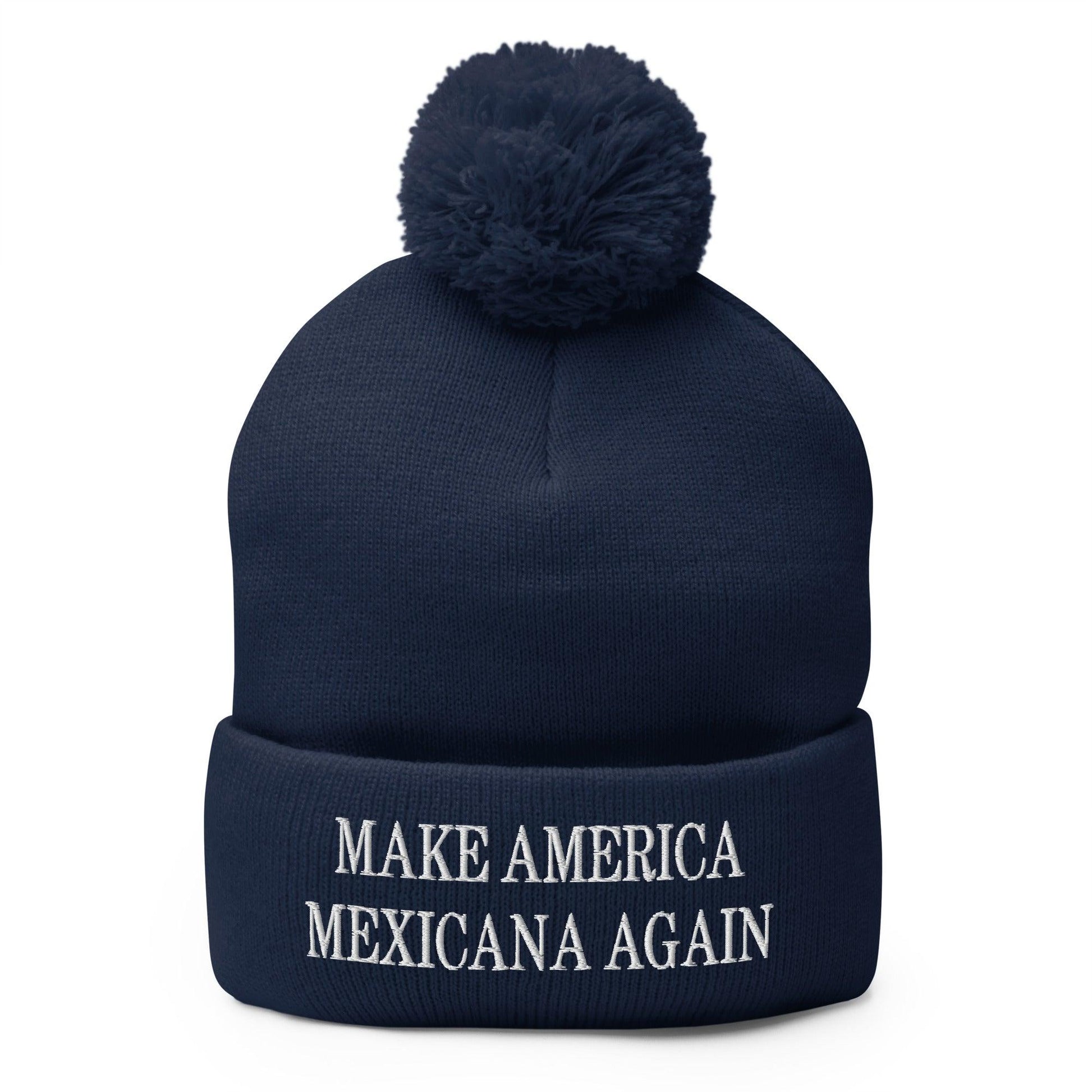 Navy blue beanie with pompom from Make America Mexicana embroidered with Claudia Sheinbaum