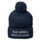 Navy blue beanie with pompom from Make America Mexicana embroidered with Claudia Sheinbaum