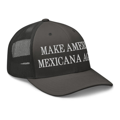 Black trucker hat with Claudia Sheinbaum embroidered mesh design for Make America Mexicana