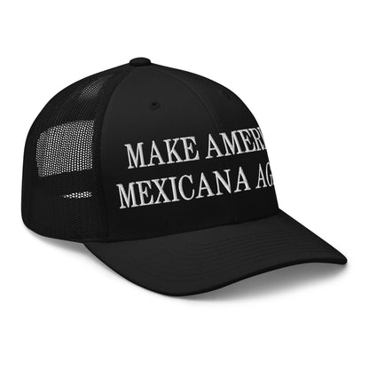 Black trucker hat with Claudia Sheinbaum embroidered mesh design representing America Mexicana
