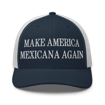 Dark blue and white Claudia Sheinbaum embroidered mesh trucker hat for America Mexicana fans