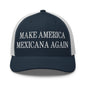 Dark blue and white Claudia Sheinbaum embroidered mesh trucker hat for America Mexicana fans