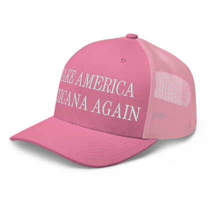 Pink trucker hat with Claudia Sheinbaum embroidery showcasing America Mexicana style