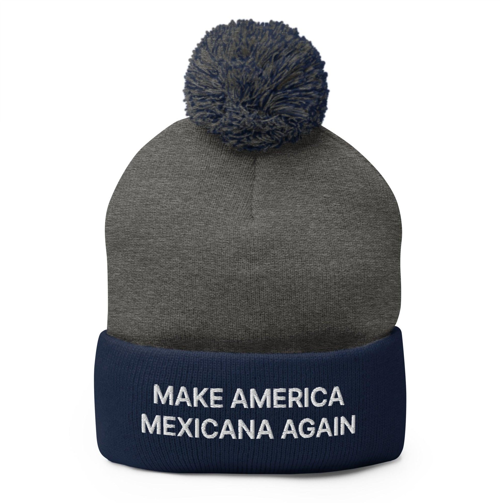 Gray and blue make America Mexicana embroidered pom pom knit beanie featuring Claudia Sheinbaum