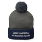 Gray and blue make America Mexicana embroidered pom pom knit beanie featuring Claudia Sheinbaum