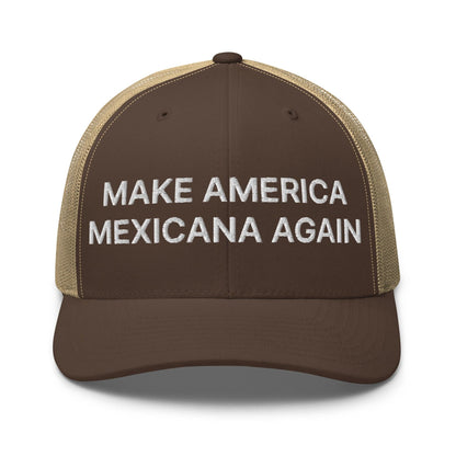 Brown trucker hat featuring Claudia Sheinbaum embroidered retro mesh design