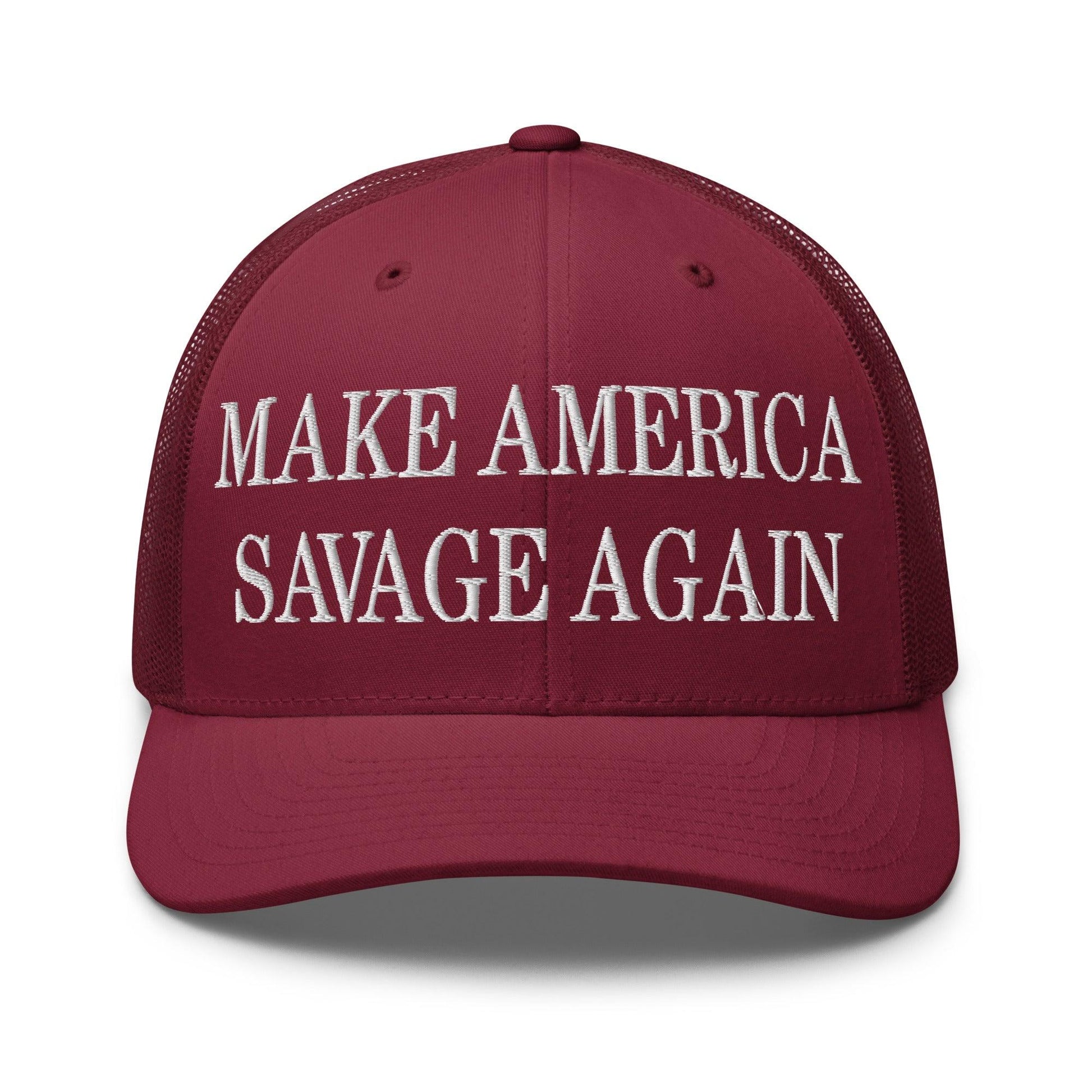 Make America Savage Again Embroidered Mesh Trucker Hat - Cranberry