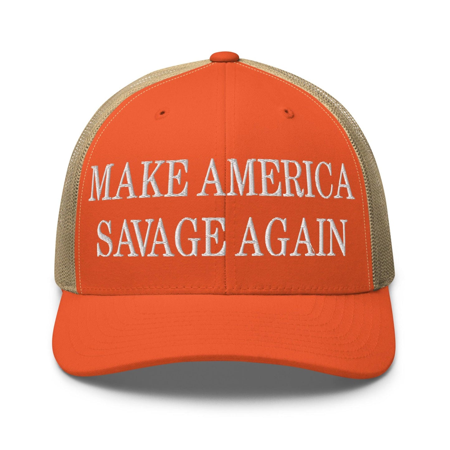 Make America Savage Again Embroidered Mesh Trucker Hat - Rustic Orange/ Khaki