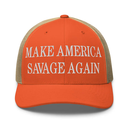 Make America Savage Again Embroidered Mesh Trucker Hat - Rustic Orange/ Khaki